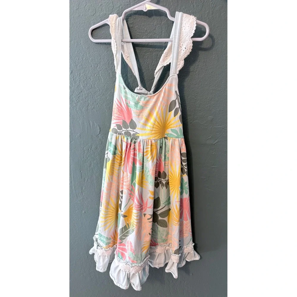 Matilda Jane Dress Size 10 Light Blue Tropical Floral Lace Trim Ruffle Hem